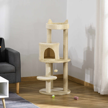 PawHut 104 cm Cat Tree, Cat Condo Tree Tower, Cat Activity Centre with Scratching Posts, Plush Perch, Hanging Ball - Cream White 