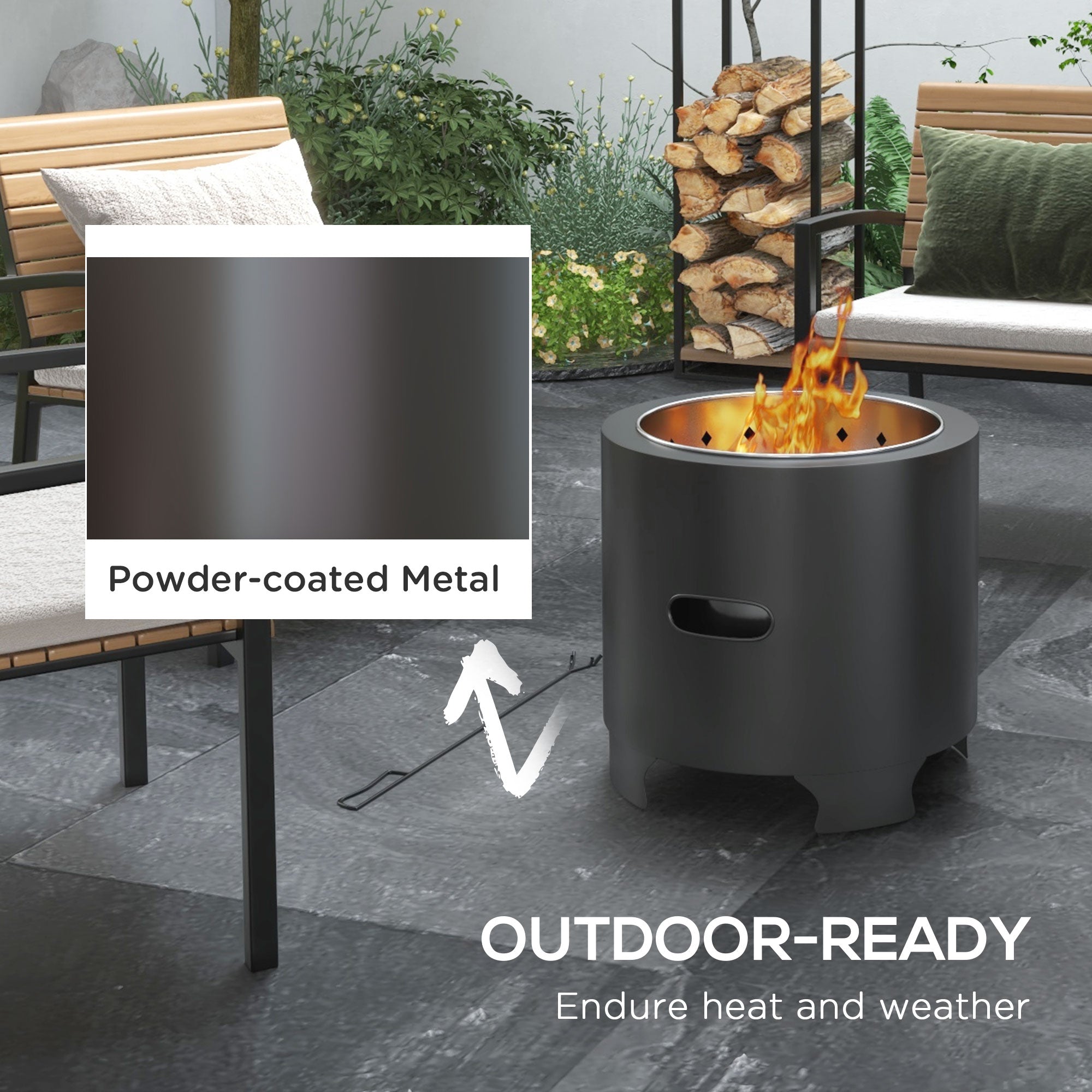 Outsunny Smokeless Fire Pit, 45cm Portable Wood Burning Firepit, Round Metal Bonfire Stove with Poker for Garden, Camping, Black 
