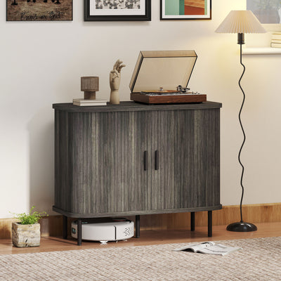 HOMCOM Mid-Century Modern Sideboard Storage Cabinet with Slatted Tambour Sliding Doors, Kitchen Cabinet with Steel Legs, Grey 