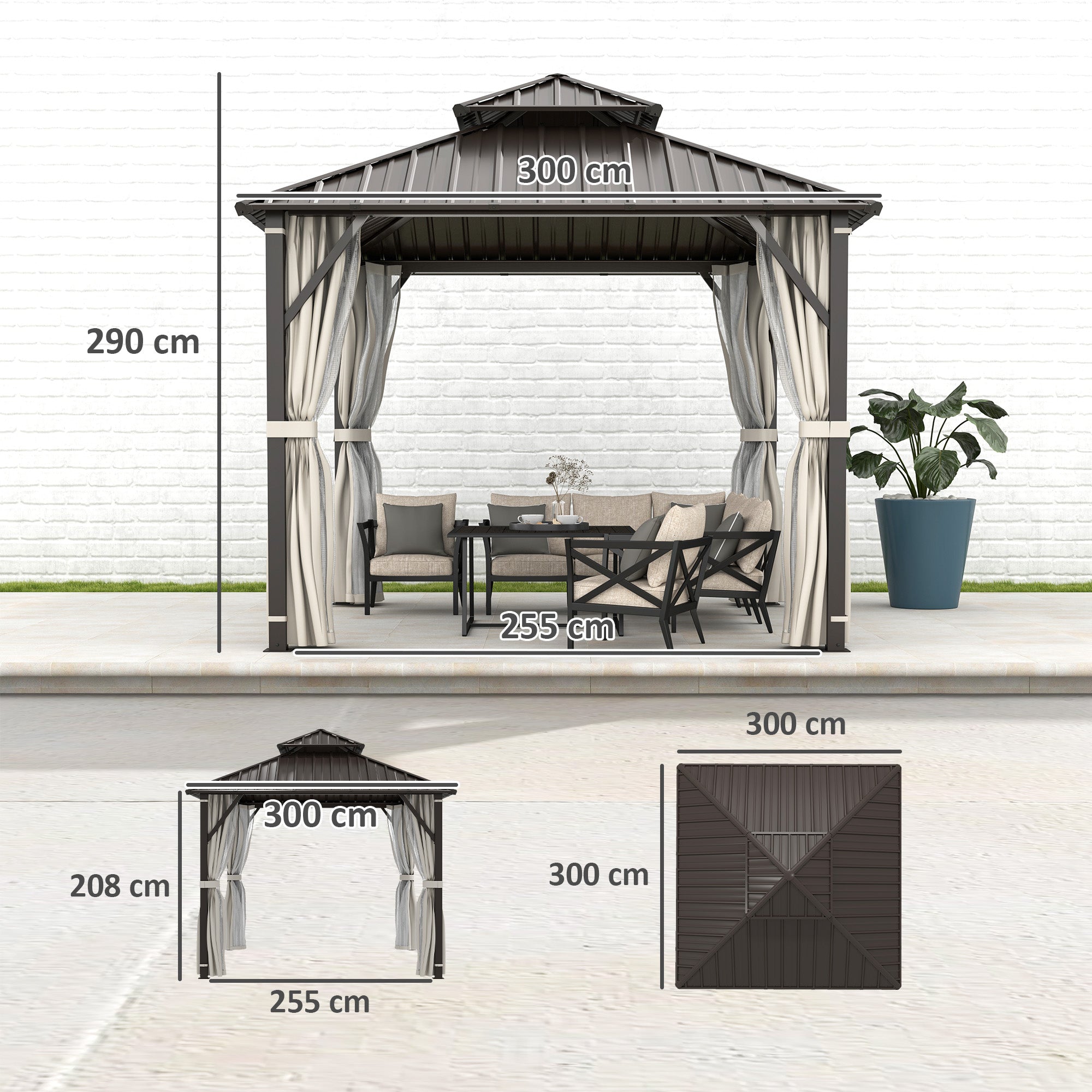 Outsunny 3 x 3(m) Hardtop Gazebo Canopy with Double Metal Roof, Waterproof Permanent Pavilion Garden Gazebo with Netting and Curtains, Easy to Assemble 