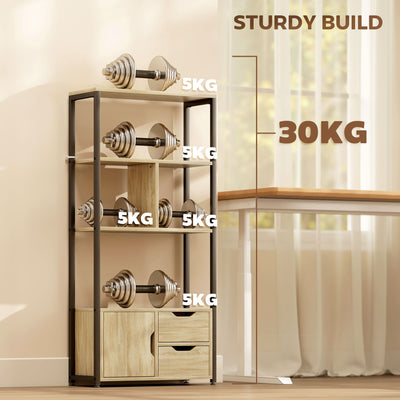 HOMCOM 4-Tier Bookcase, Bookshelf with 1 Cabinet and 2 Drawers for Living Room, Bedroom, Study, Natural Wood
