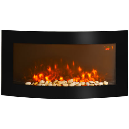 HOMCOM Led Wall Mounted Fireplace Curved Glass Electric Fire Place Fire Place 7 Colour Side Lights Slimline, 1000/2000W, 89.2cm x 48cm 
