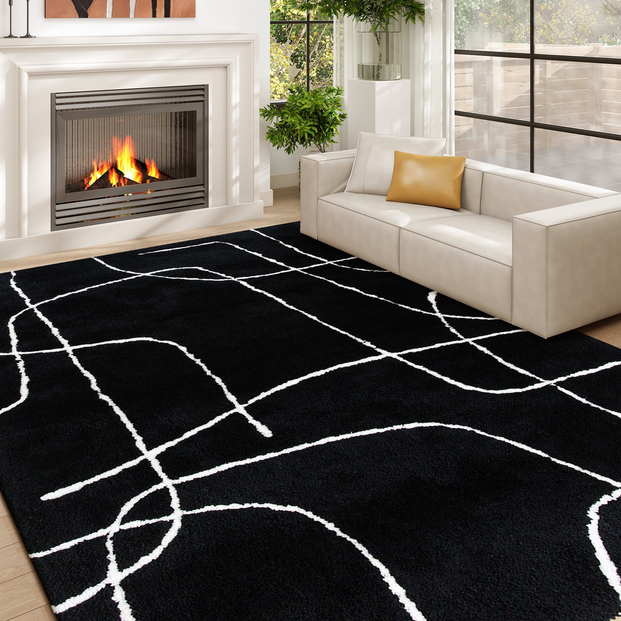 HOMCOM Modern Fluffy Area Rug, Geometric Pattern Washable Rug, Soft High Pile Floor Carpet for Living Room, Bedroom, Dining Room, Home Office, 170 x 120 cm, Black