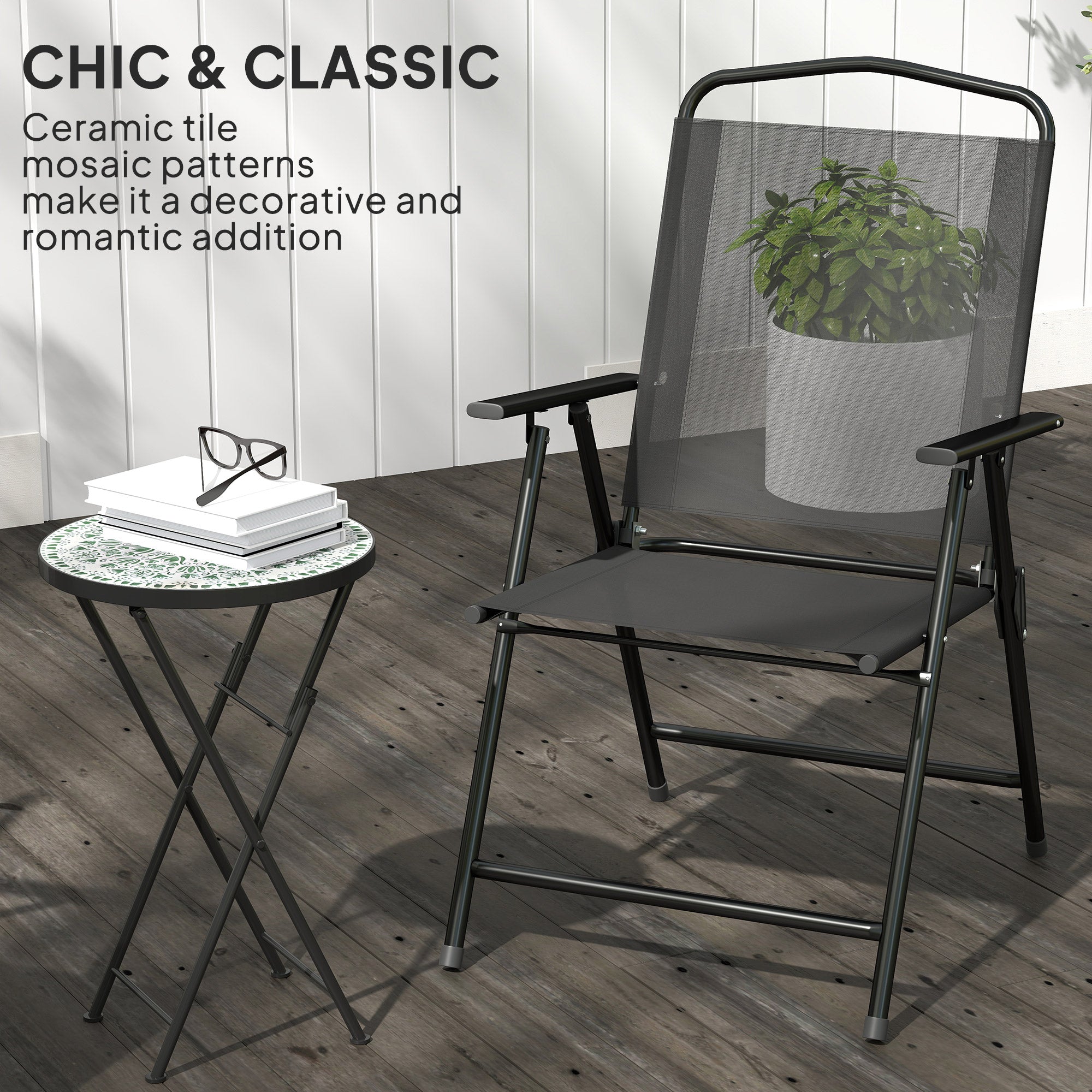 Outsunny Mosaic Outdoor Garden Table, 35.5cm Round Folding Coffee Table with Metal Frame for Balcony Terrace, Green 