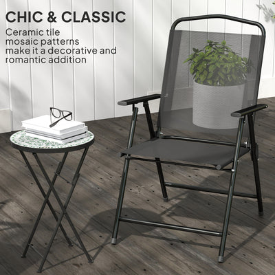 Outsunny Mosaic Outdoor Garden Table, 35.5cm Round Folding Coffee Table with Metal Frame for Balcony Terrace, Green 