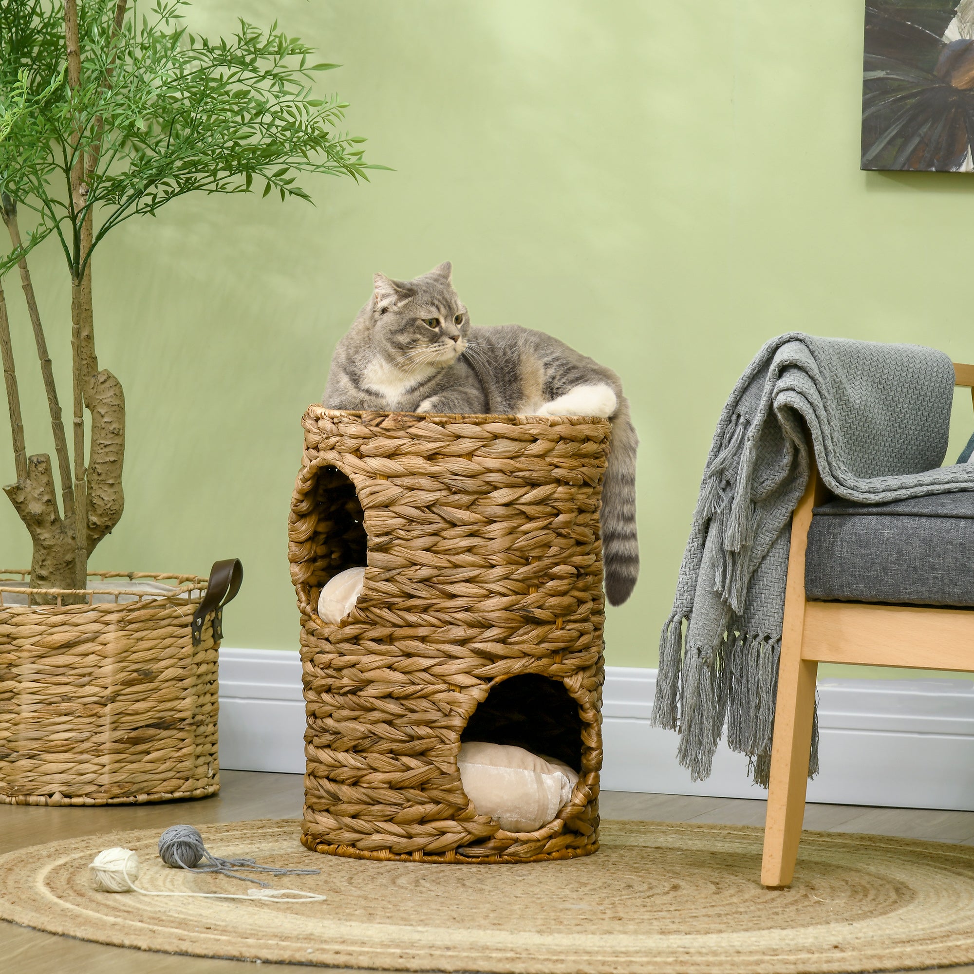 PawHut 47cm Cat Barrel Tree for Indoor Cats with 2 Condos, Kitten Tower with Cushion - Light Brown 