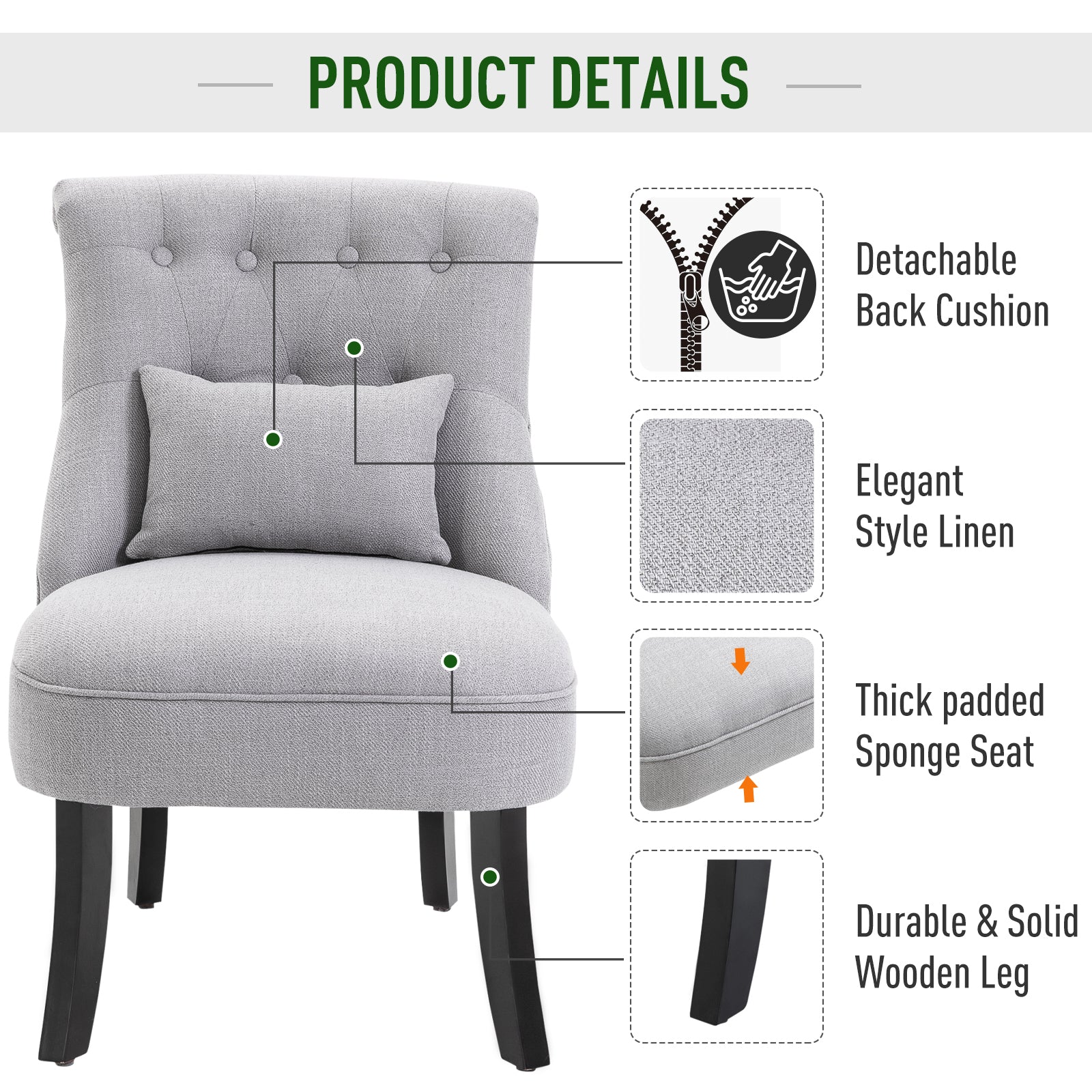 HOMCOM Fabric Single Sofa Dining Chair Tub Chair Upholstered W/ Pillow Solid Wood Leg Home Living Room Furniture Grey 