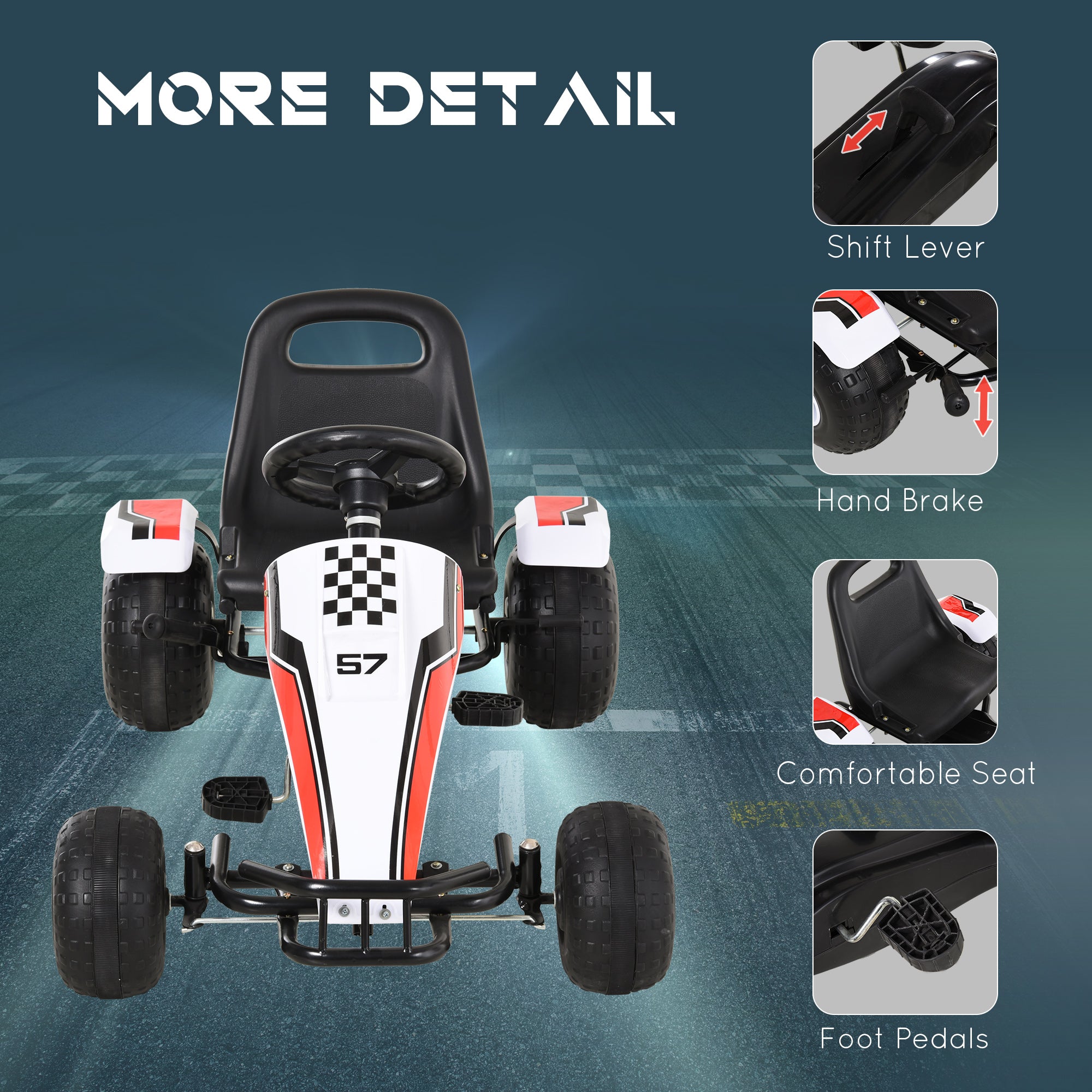 HOMCOM Kids Children Pedal Go Kart Manual Ride On Car w/ Brake Gears Steering Wheel Adjustable Seat 4 Smooth Wheels Racing-Style White 104 x 66 x 57 cm 