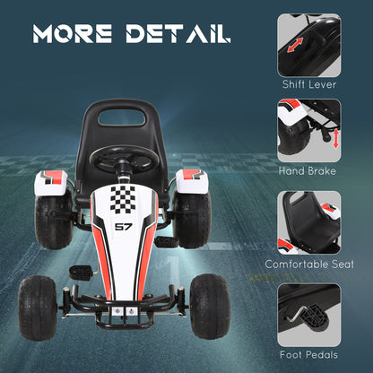 HOMCOM Kids Children Pedal Go Kart Manual Ride On Car w/ Brake Gears Steering Wheel Adjustable Seat 4 Smooth Wheels Racing-Style White 104 x 66 x 57 cm 