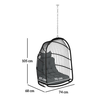 Outsunny Hanging Egg Chair, Foldable Rattan Garden Swing Chair with Installation Kit, Thickened Cushion and Headrest, Indoor Outdoor Hanging Egg Basket Seat for Patio, Porch, Dark Grey 