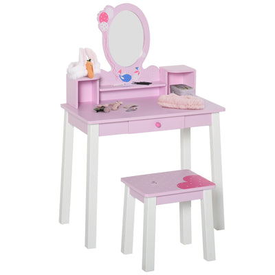HOMCOM Kids Wooden Dressing Table and Stool Make Up Desk (Pink) 