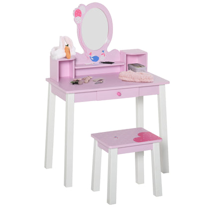 HOMCOM Kids Wooden Dressing Table and Stool Make Up Desk (Pink) 