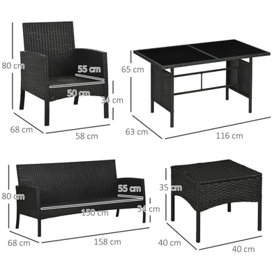 Outsunny 5 Seater Rattan Garden Furniture Set, 2 Armchairs, 3-Seater Wicker Sofa, 2 Footstools and Glass Table, 6 Piece Patio Rattan furniture Sofa Sets with Cushions for Conservatory, White 