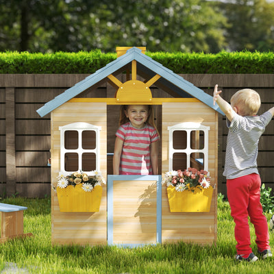 Outsunny Wooden Playhouse, Wendy House w/ Door, Bench, Flowerpot Holder, For Ages 3-7 Years, Blue 