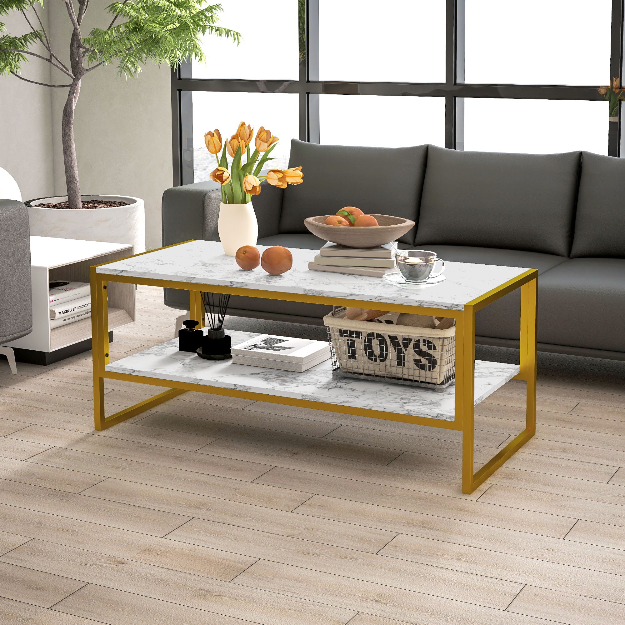 HOMCOM Coffee Table, Two-Tier Marble Centre Table with Metal Frame and Storage Shelf for Living Room, 106 x 50 x 45cm, White 