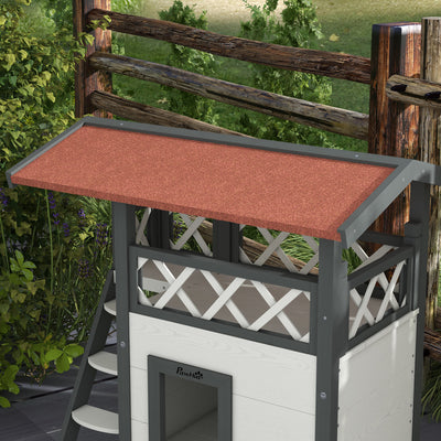 PawHut Cat House Outdoor w/ Balcony Stairs Roof, 77 x 50 x 73 cm, White 