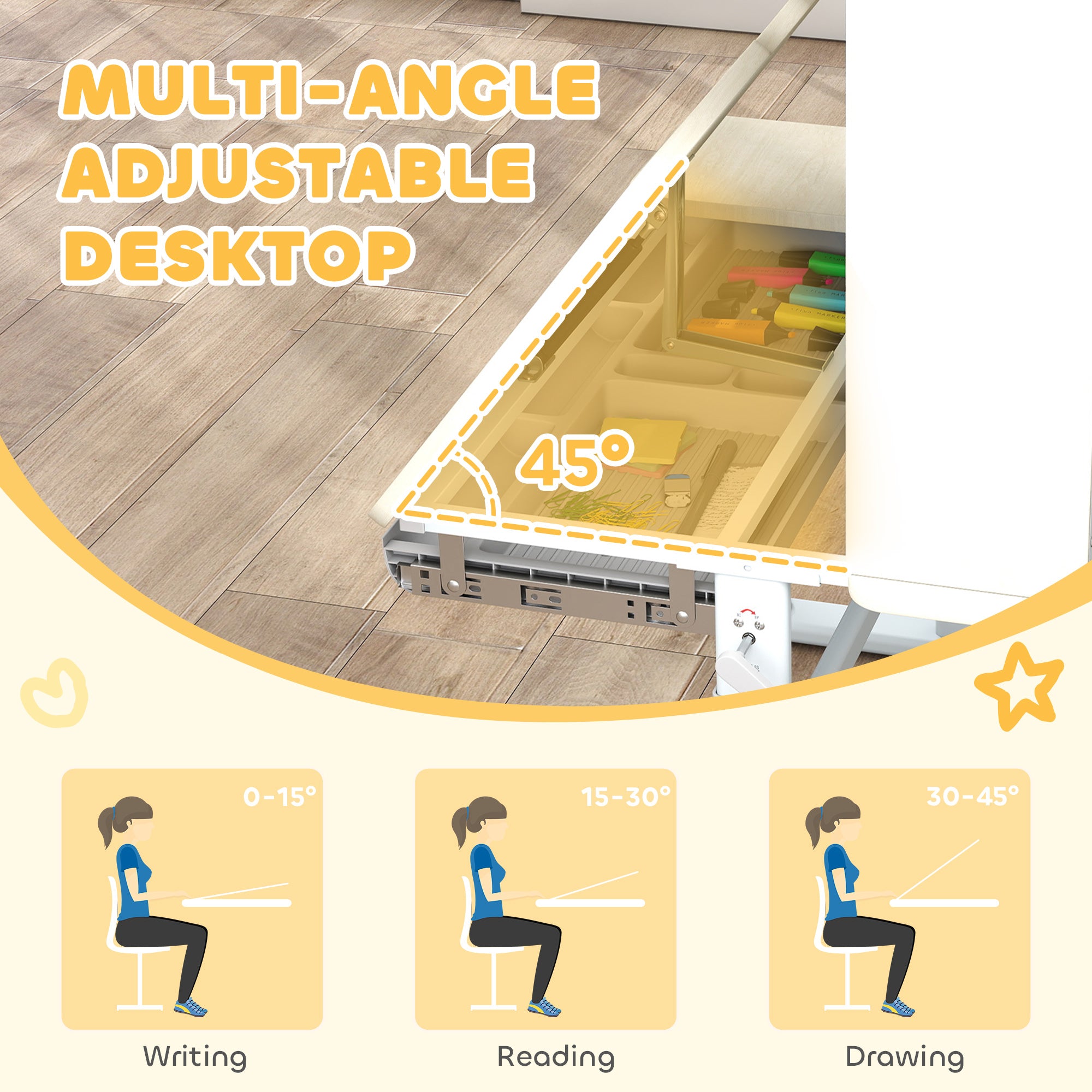AIYAPLAY Kids Desk Height Adjustable with Tilt-Desktop, Hutch, Drawer, Storage Shelf, Pegboard, for 3-12 Years Old, Natural 