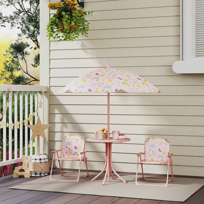 AIYAPLAY 4 Pieces Kids Garden Table and Chair Set with Adjustable Parasol, Folding Chairs, Table, Rainbow Pattern, Pink 