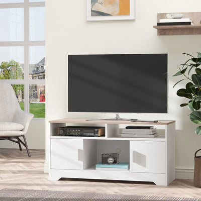 HOMCOM TV Stand Cabinet up to 50", Modern TV Unit with Storage, Open Shelves and Cable Management for Living Room, Bedroom, White 