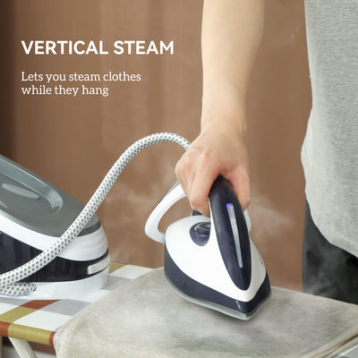 HOMCOM Steam Generator Iron with ECO Mode, Self-Cleaning, Powerful Vertical Steam, Automatic Shut-Off, Ceramic Non-stick Soleplate, Large 1.5L Detachable Water Tank, 8 Bar, 2600W, Blue 