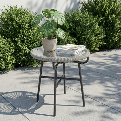 Outsunny Rattan Side Table, Round Outdoor Coffee Table, with Round PE Rattan and Tempered Glass Tabletop, Light Grey 