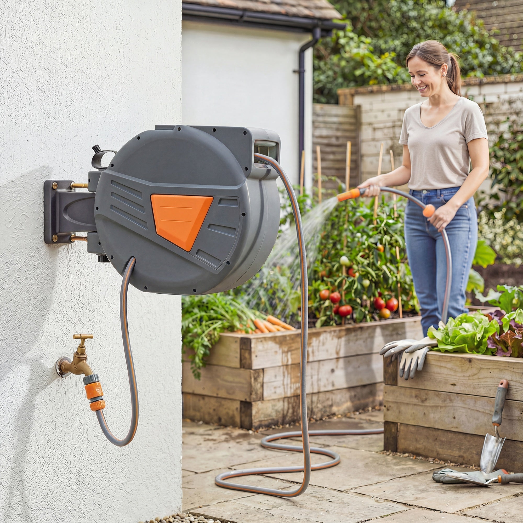 Outsunny Retractable Hose Reel Wall Mounted, 20+1.6m Garden Hose Pipe Reel with Auto Retraction, Self-Locking, Orange 
