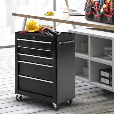 HOMCOM 5-Drawer Tool Chest, Lockable Steel Tool Storage Cabinet with Wheels and Handle Tool Box for Garage, Workshop, Black 