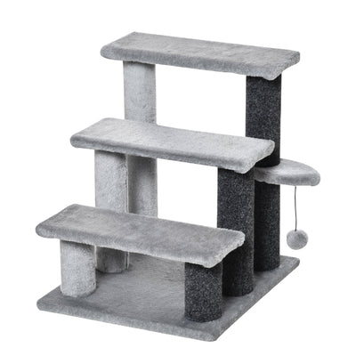 PawHut 3-step Pet Stairs with Scratching Posts, Platforms, Toy Ball, Grey 