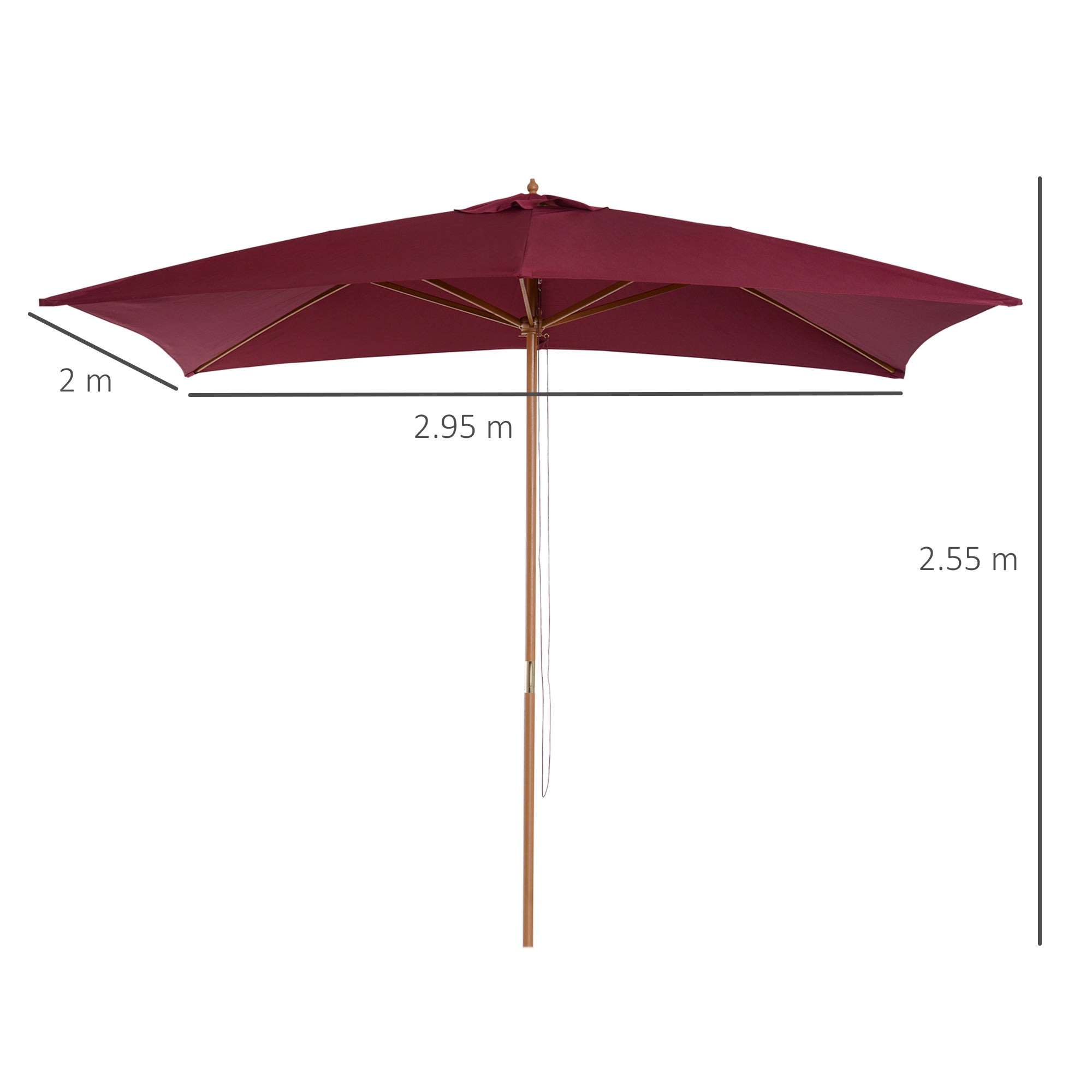 Outsunny 2 x 3m Wooden Garden Parasol Umbrella Outdoor Sun Shade Canopy, Wine Red 