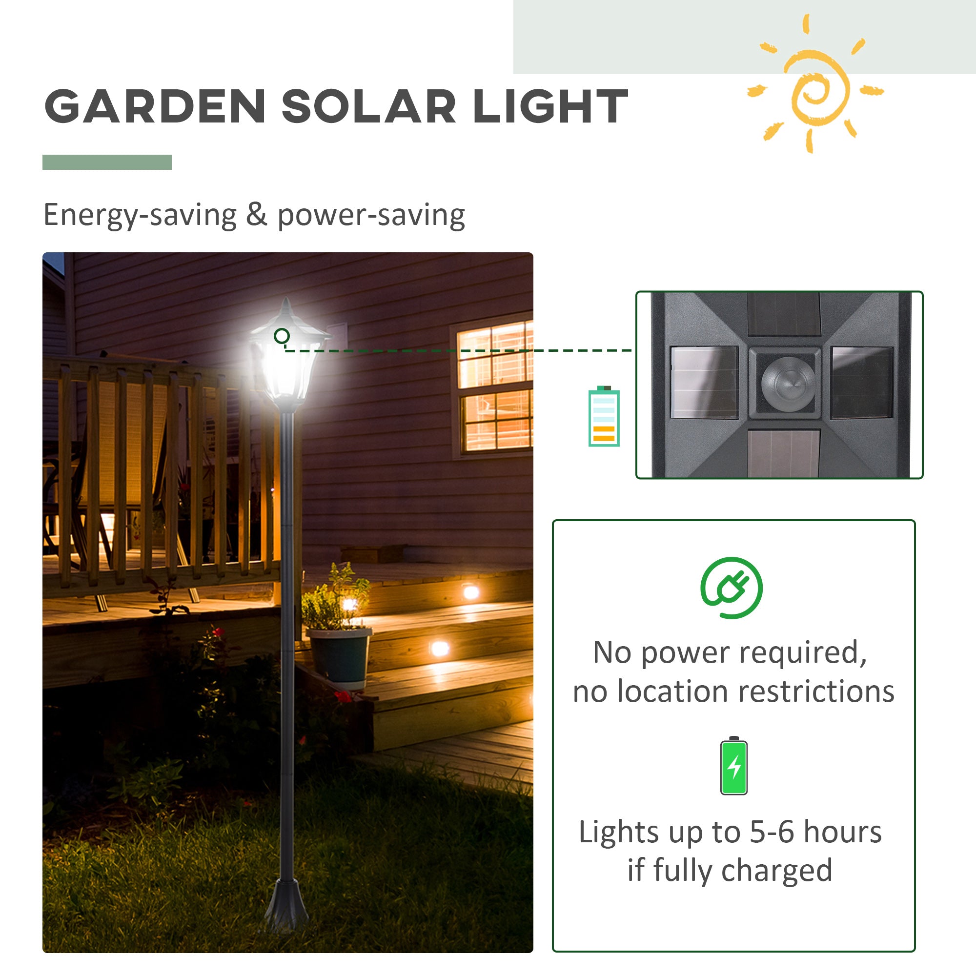 Outsunny Outdoor Garden Solar Post Lamp Photosensitive LED Lantern Bollard Pathway 1.2M Tall – Black 