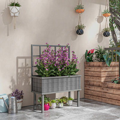 Outsunny 45 x 105cm Wooden Garden Planter, with Trellis - Grey 