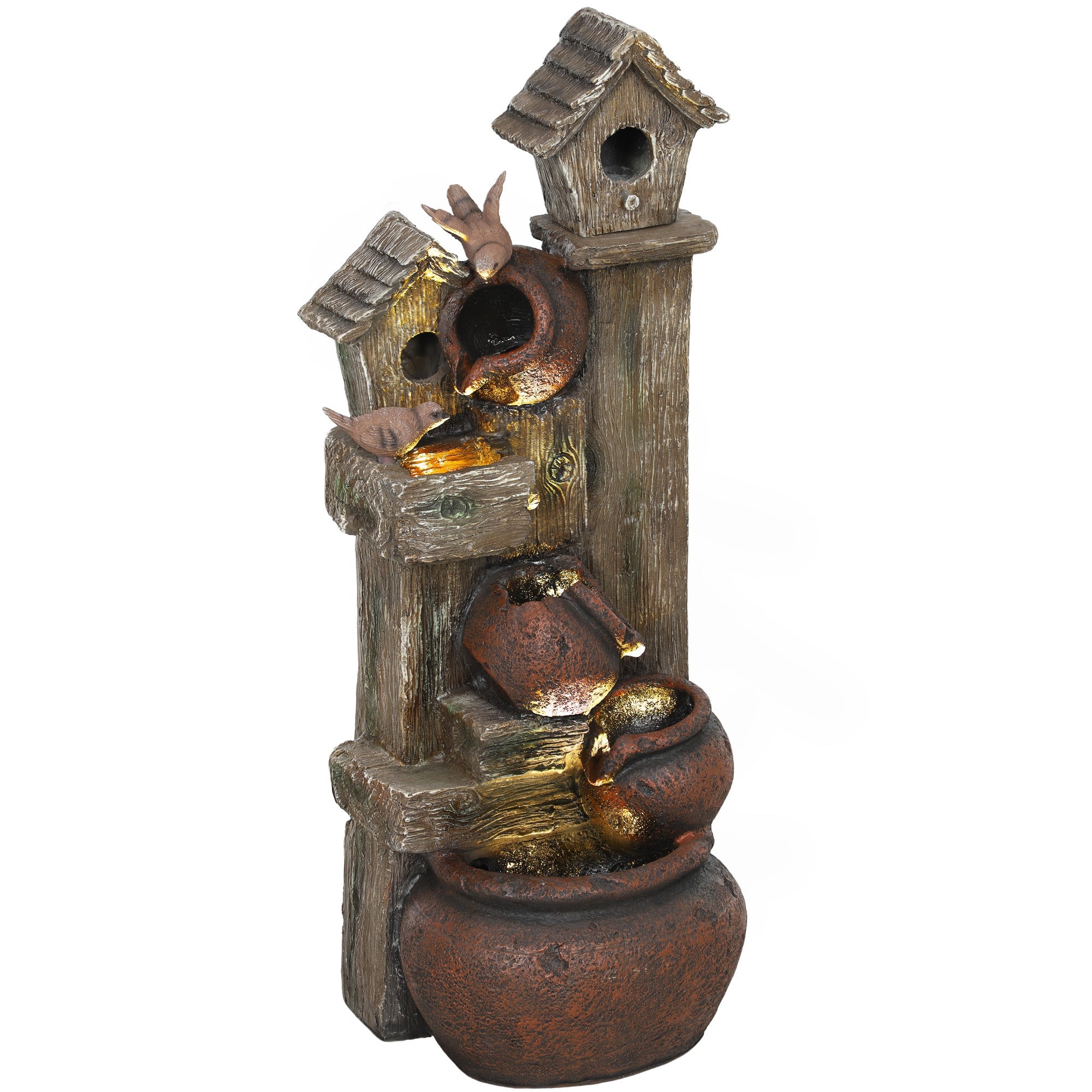Outsunny 2-in-1 Waterfall Fountain with Birdhouse, Resin Garden Water Fountain with LED Lights Pump, Cascading Garden Water Feature with Tree Trunk Design, Multi-colour 