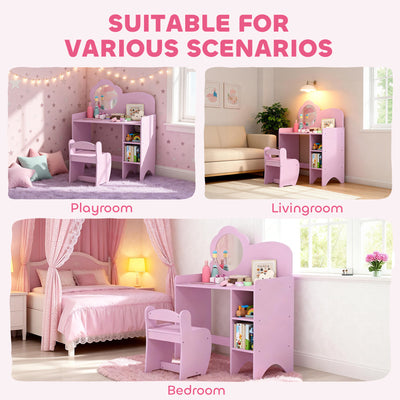 AIYAPLAY Kids Dressing Table with Mirror, Stool, Kids Vanity Table with Shelves, for Ages 3-8 Years, Purple 
