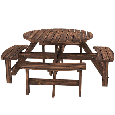 Outsunny Wooden Garden Dining Set, 8 Seater Patio Furniture Set with Round Picnic Table, Parasol Hole for Outdoor Garden, Tan 