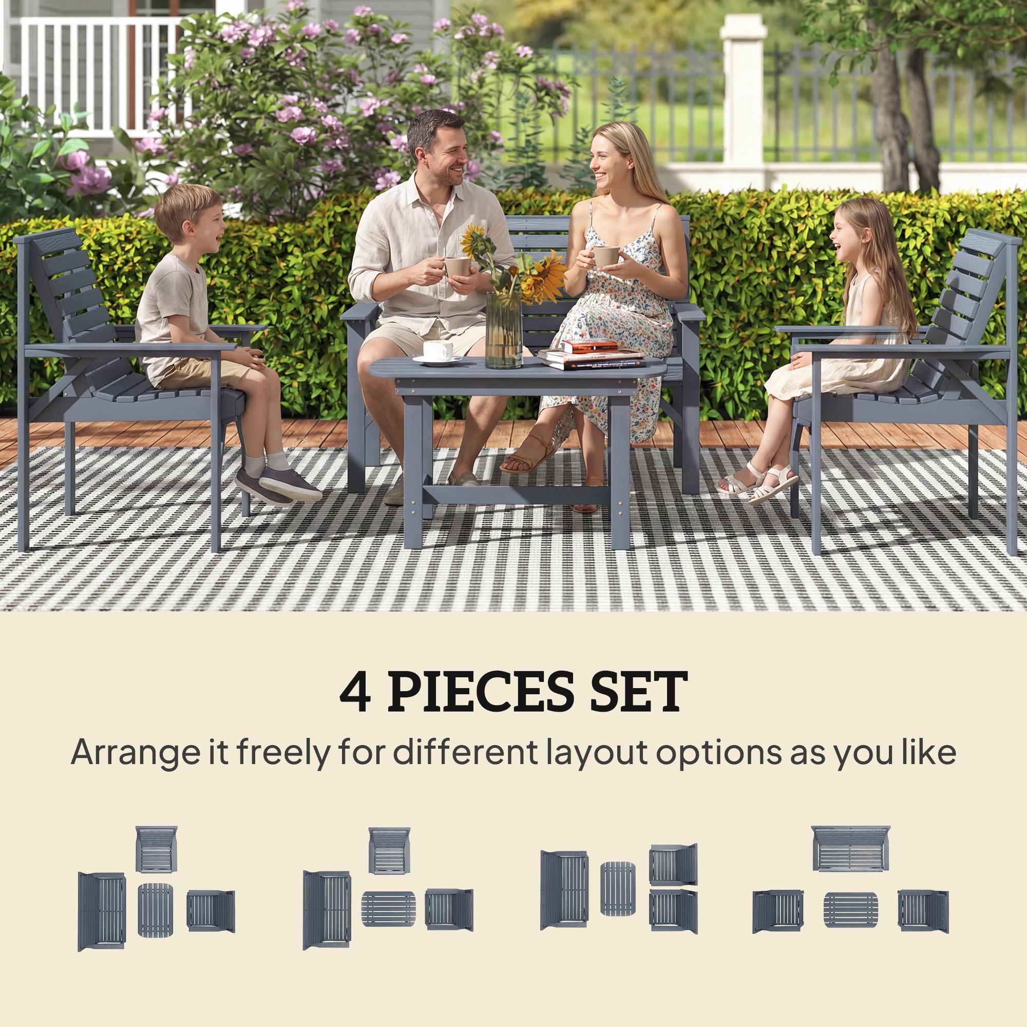 Outsunny 4 Piece Wooden Garden Furniture Set, Outdoor Garden Sofa Set with 2 Armchairs, Loveseat and Coffee Table, Grey 