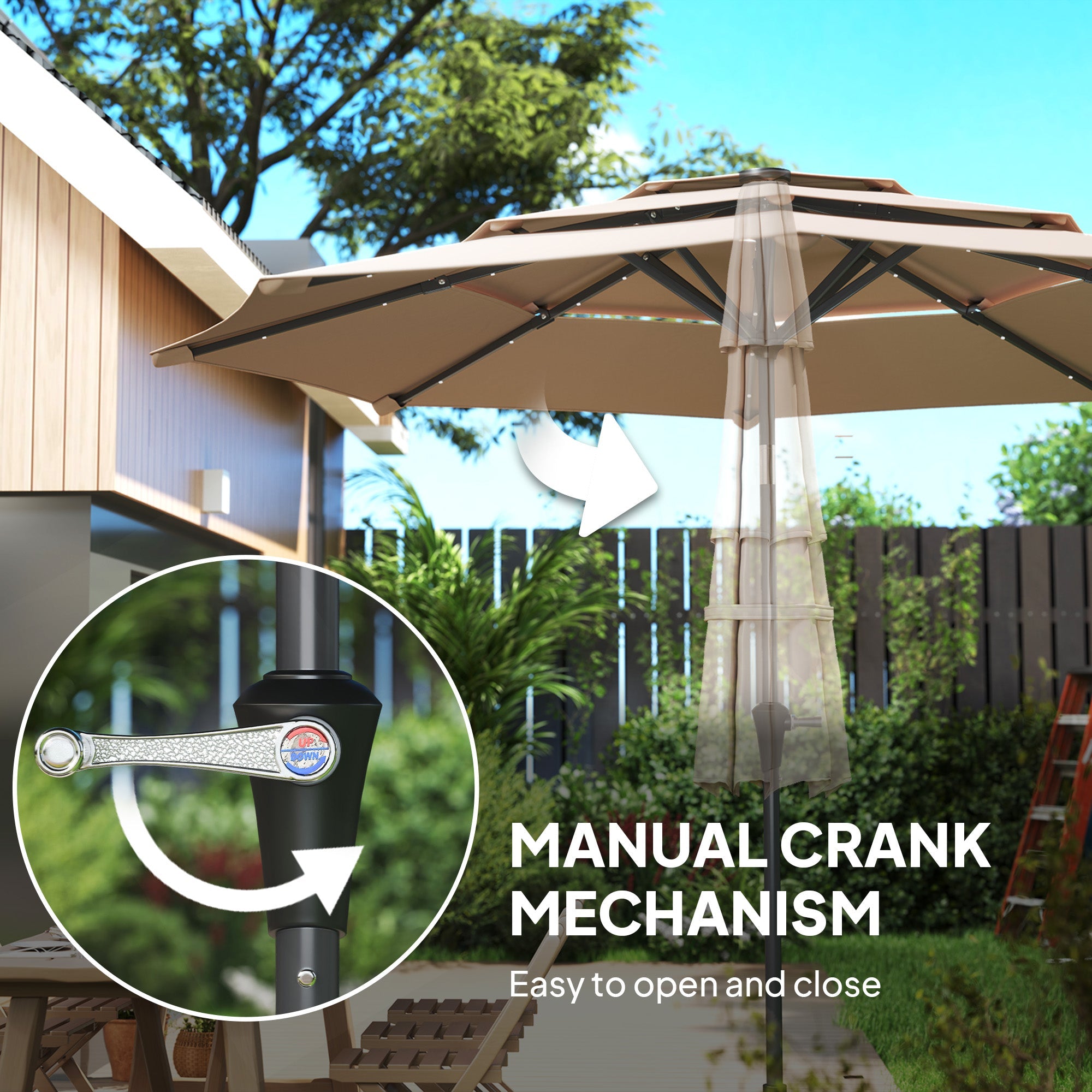 Outsunny 3-Tier Garden Parasol with Solar LED Lights, UPF 30+, Tilt Mechanism & Crank Handle, for Market Terrace, Khaki 