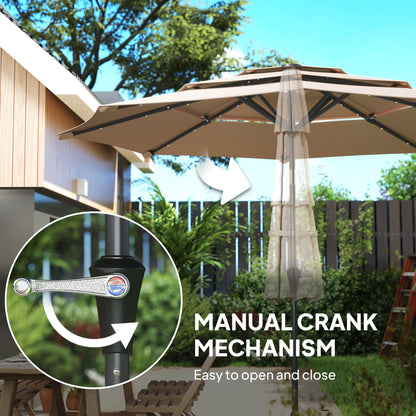 Outsunny 3-Tier Garden Parasol with Solar LED Lights, UPF 30+, Tilt Mechanism & Crank Handle, for Market Terrace, Khaki 