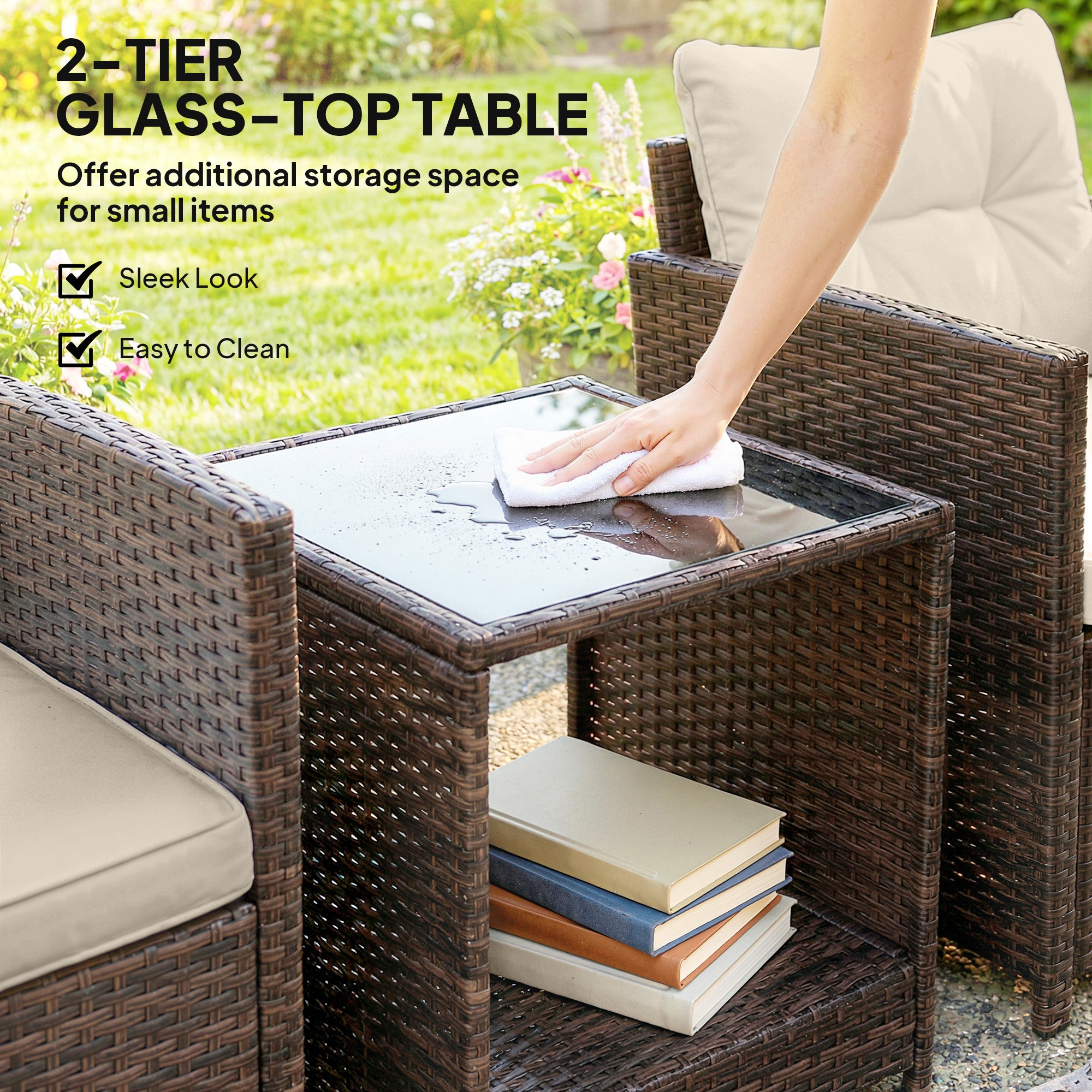 Outsunny Rattan Bistro Set, 3 Piece Garden Furniture Set with 2 Tier Glass Top Table and Cushions, Mixed Brown 