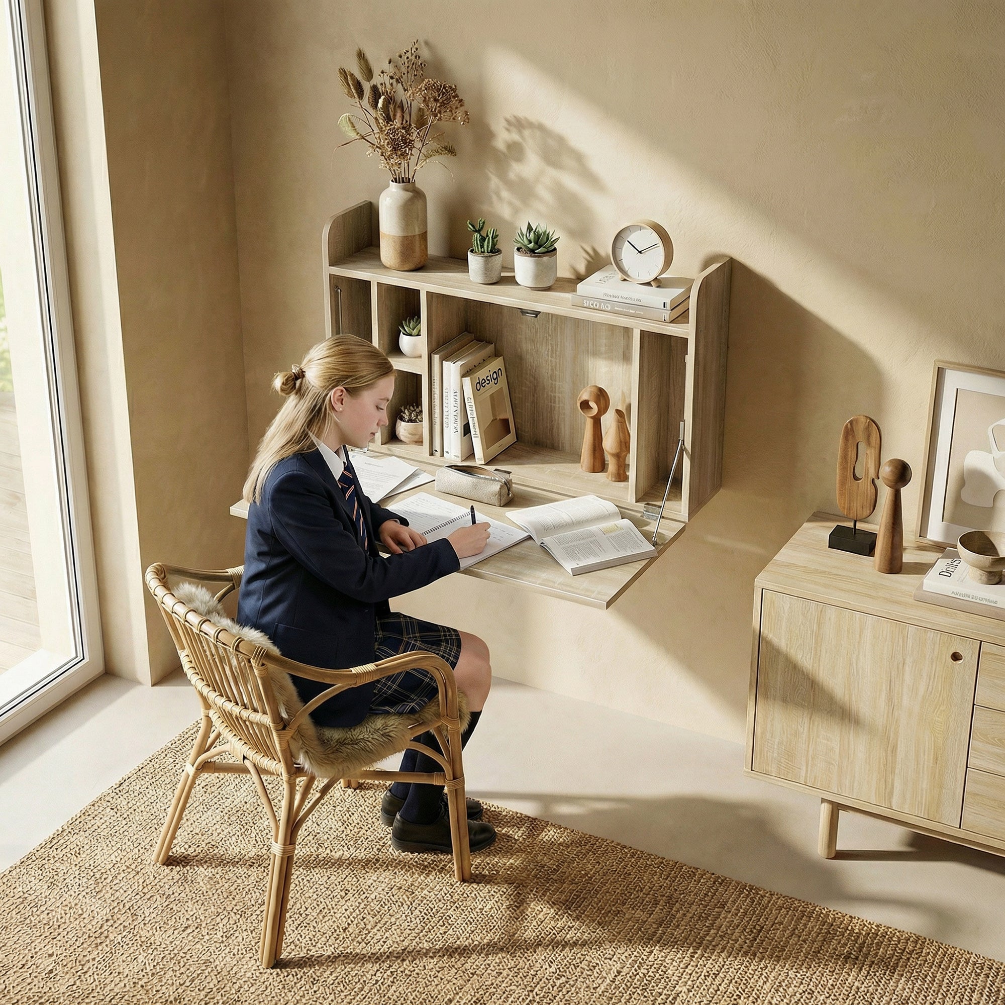 HOMCOM Wall Mounted Desk, Drop Leaf Floating Laptop Desk with Space Saving Storage Compartments for Home Office, Oak 