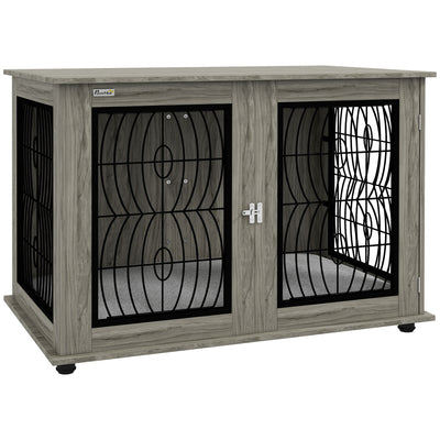 PawHut Indoor Dog Crate Furniture End Table with Soft Washable Cushion, Lockable Front Door, for Extra Large Dogs - Grey 