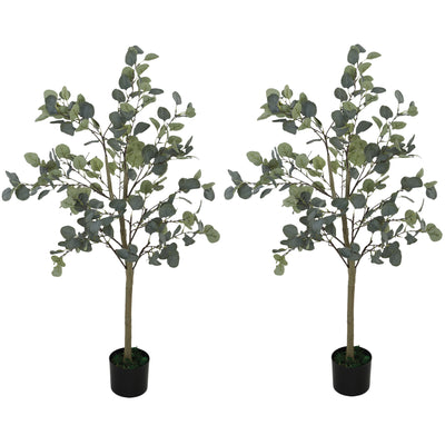 HOMCOM Set of 2 Decorative Artificial Tree, 4ft/ 120cm Silk Eucalyptus Trees with 230 Silver Dollar Leaves in Pot, Fake Plants for Home, Office, Living Room, Indoor Decor 