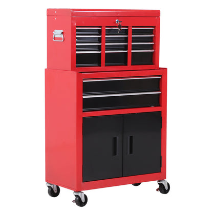 HOMCOM Tool Chest, Metal Tool Cabinet on Wheels with 6 Drawers, Pegboard, Top Chest and Roller Cabinet Combo, 61.6 x 33 x 108cm, Red and Black 