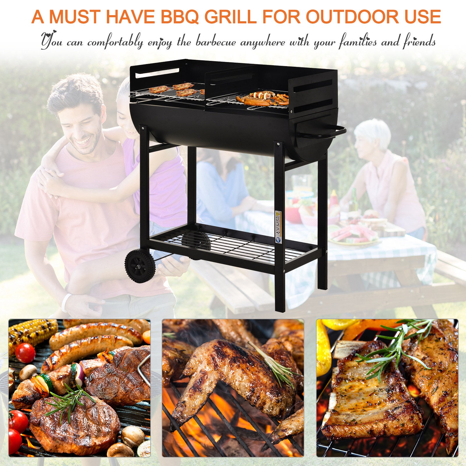 Outsunny Steel 2-Grill Charcoal BBQ w/ Wheels Black 
