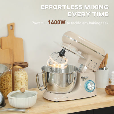 HOMCOM 1300W Kitchen Stand Mixer, with Accessories - Beige 