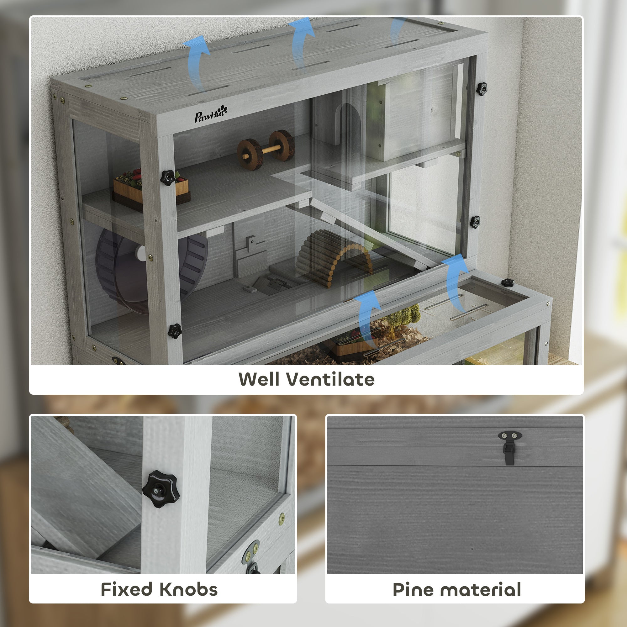 PawHut Wooden Hamster Cage with Hut, Wheel, Ramps, Removable Viewing Panels, 80 x 50 x 84 cm, Grey 