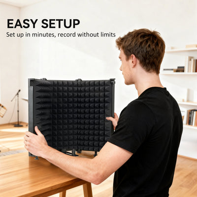 HOMCOM Studio Microphone Isolation Shield, Foldable Adjustable Recording Studio Equipment, 3-Panel High Density Absorbent Foam Shield with 3/8" Threaded Mount, Black 