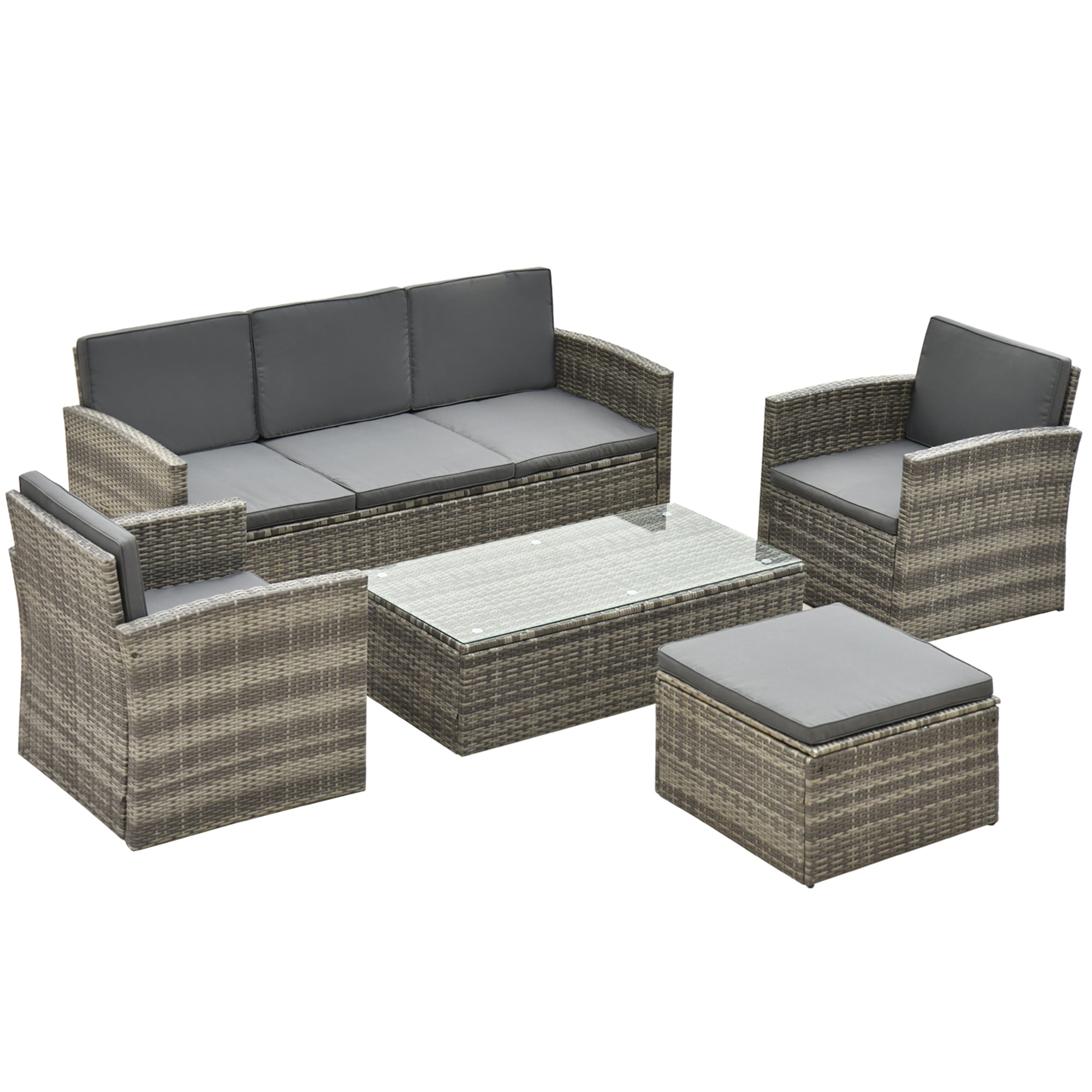 Outsunny Rattan Garden Furniture Outdoor Patio 5 Piece Wicker Weave Sofa Set with Storage,  Cushioned, 3-Seater Sofa + 2 Single Chairs + Foot Stool + Coffee Table 