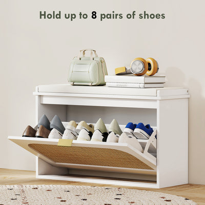 HOMCOM Boho Shoe Bench with Padded Seat and Flip-Drawer - White 