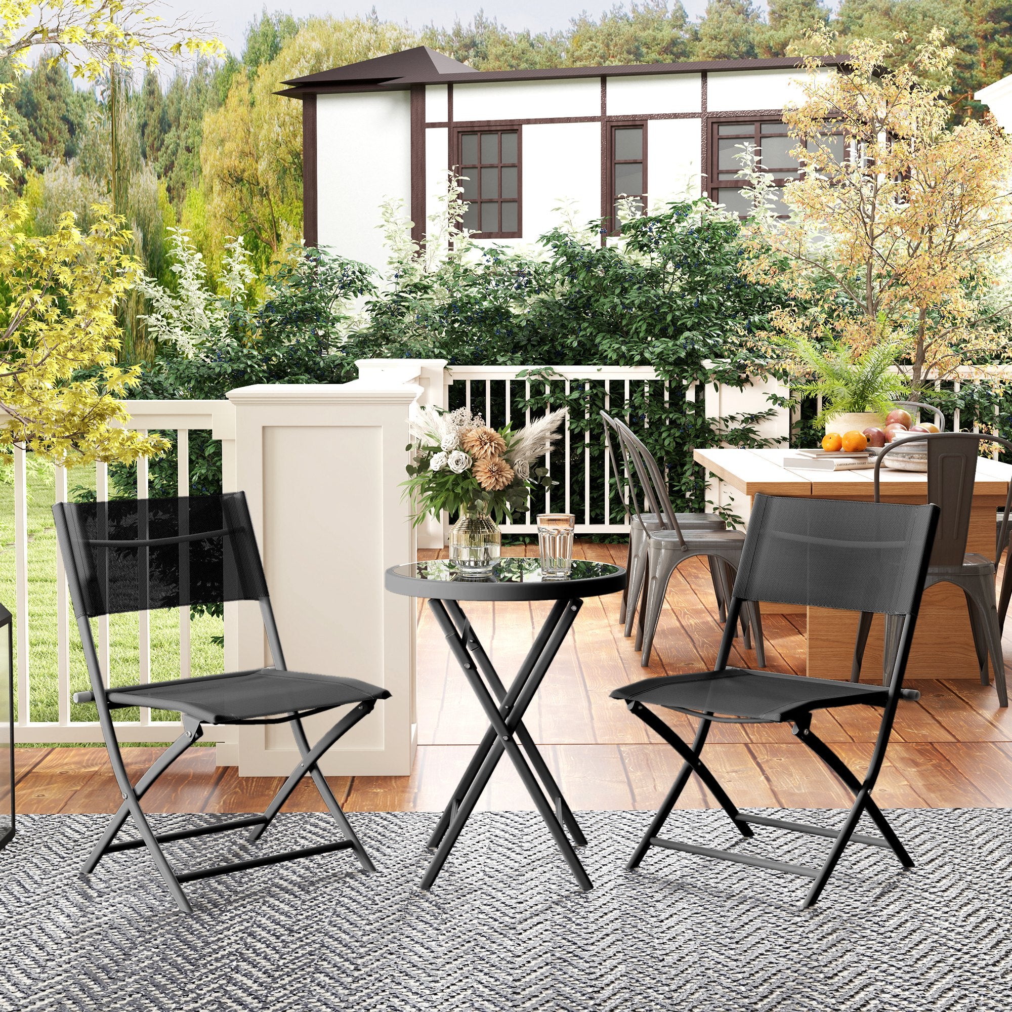 Outsunny 3 Pieces Outdoor Bistro Set, Glass Top Outdoor Table and 2 Folding Chairs with Protecting Feet, Black 