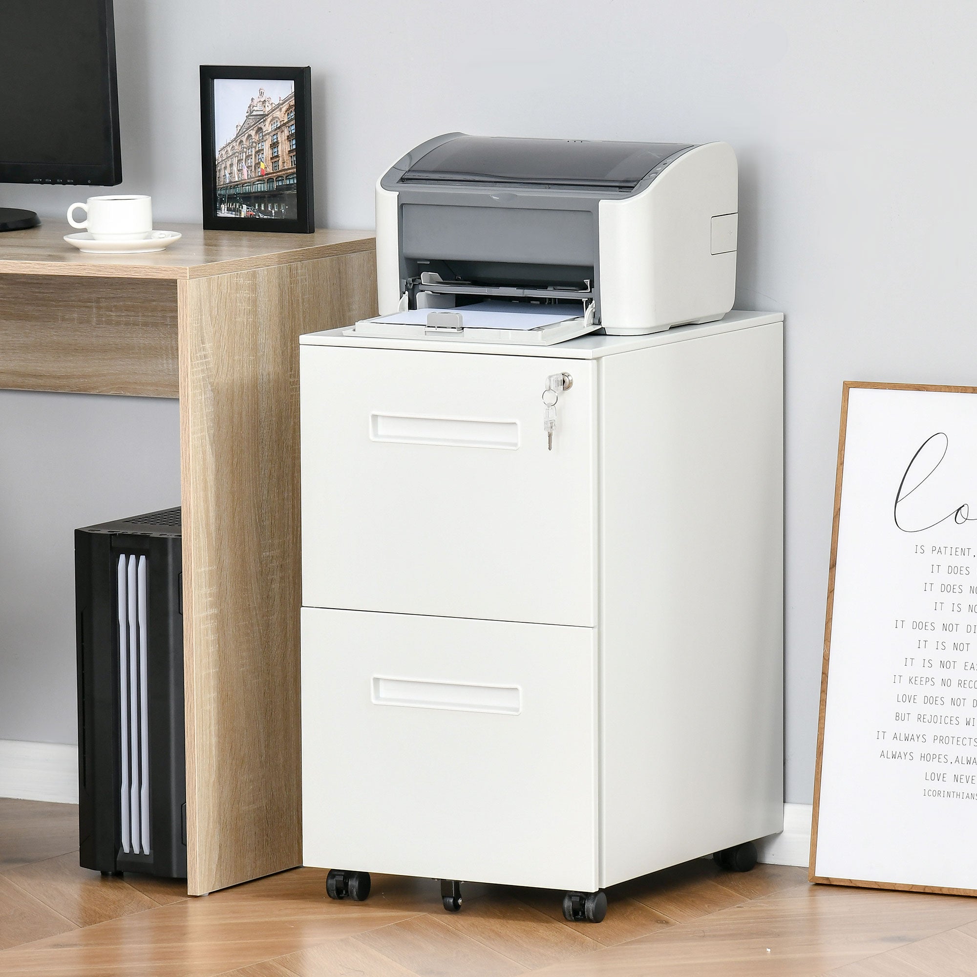 Vinsetto Metal Mobile File Cabinet with Wheels, Lockable 2 Drawer Filing Cabinet for A4, Legal, Letter, Compact Under Desk Storage Unit with Pre-Assembled Body for Home Office, 39 x 48 x 67cm, White 
